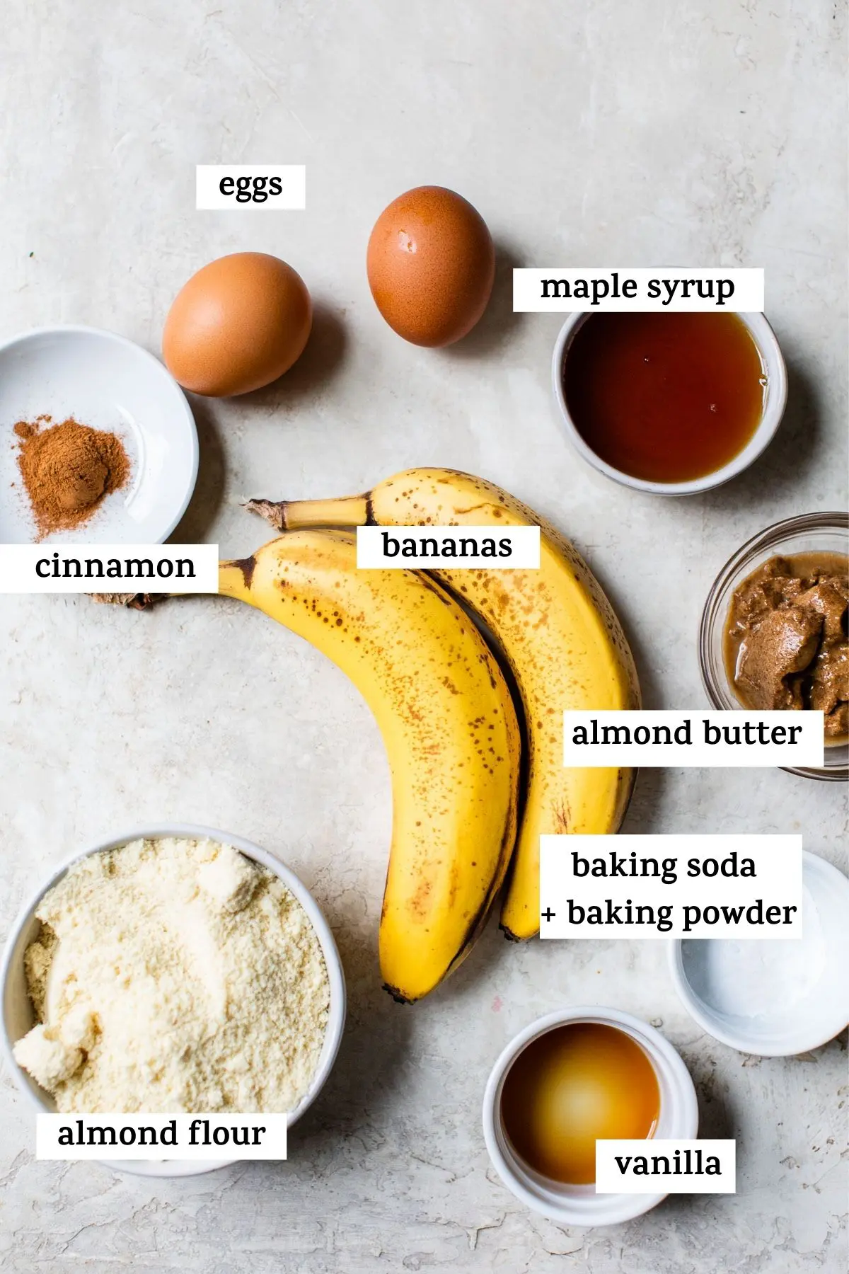 banana muffin ingredients with text over top
