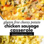 casserole with potatoes, sausage, spinach and cheese and text overlay