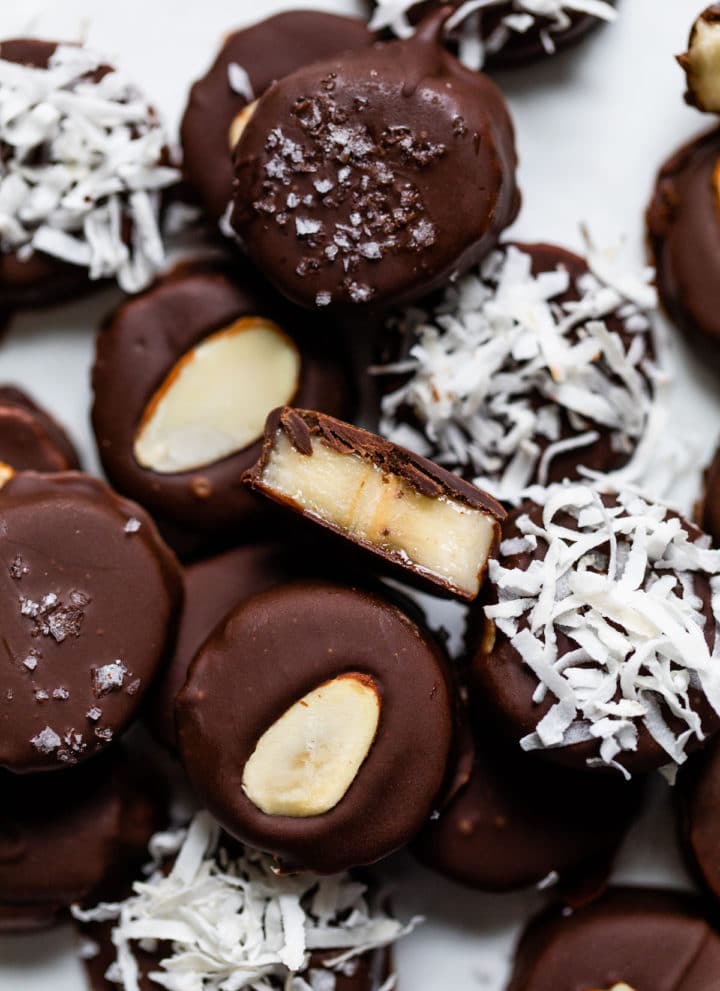 bananas covered in chocolate and shredded coconut