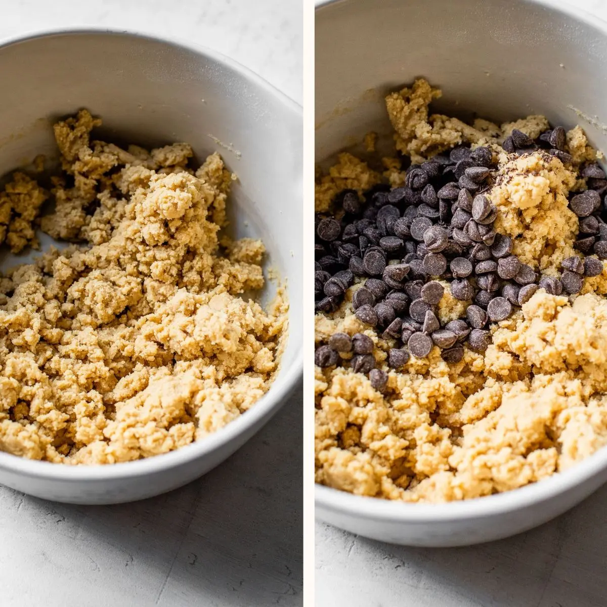 cookie dough in a bowl with chocolate chips