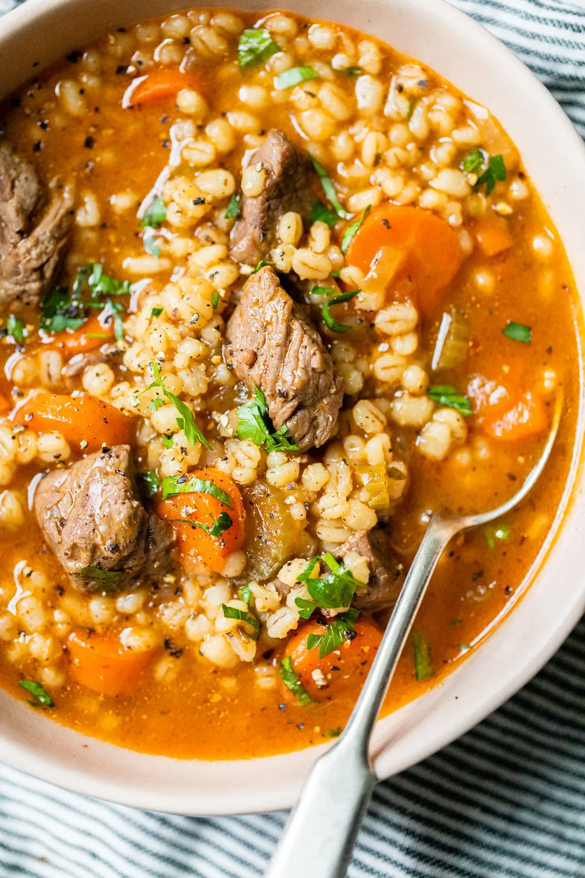 close up of soup in a bowl with beef and barley