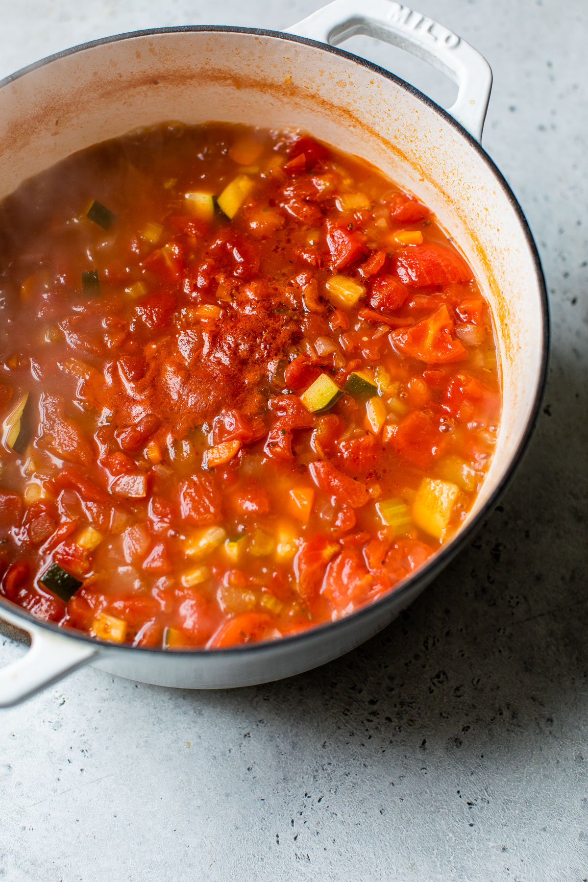 tomato-based soup in a dutch oven