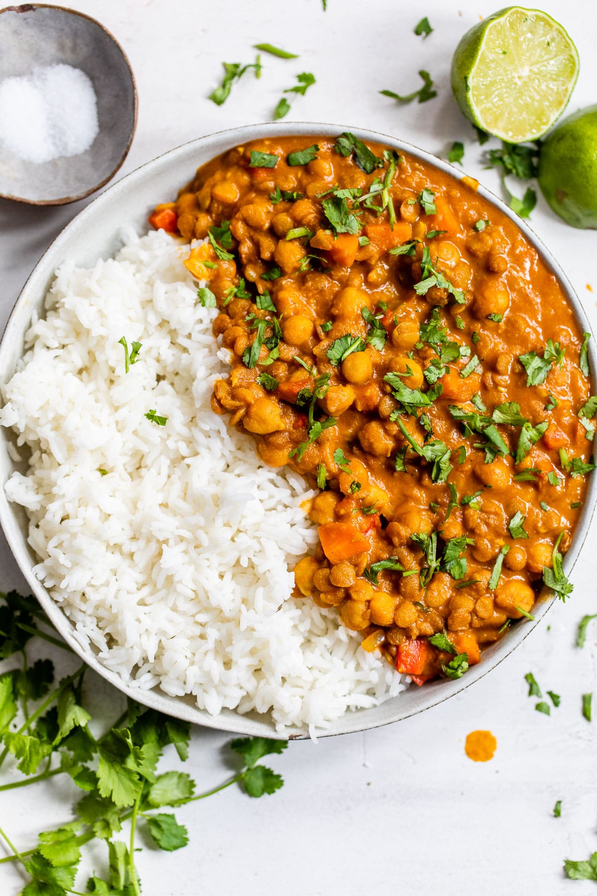 lentil curry in a bowl with basmati rice