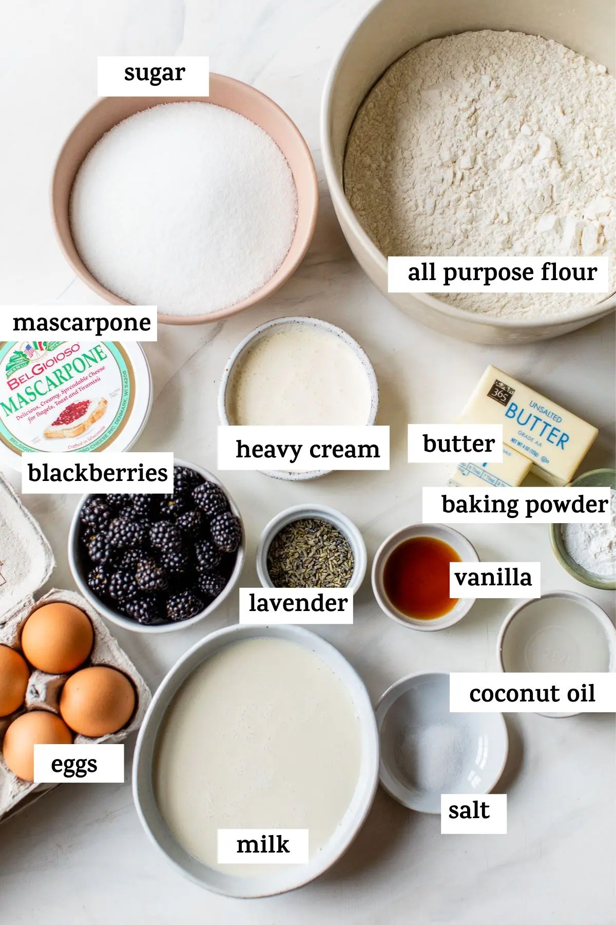 ingredients to make a cake with text overlay