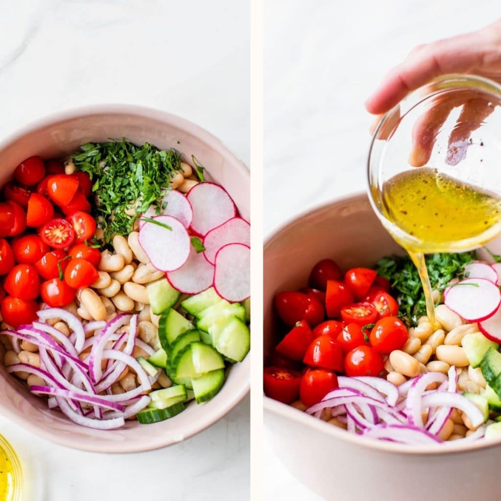 bean salad in a pink mixing bowl