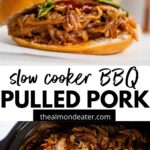 shredded pulled pork on a sandwich and in a slow cooker