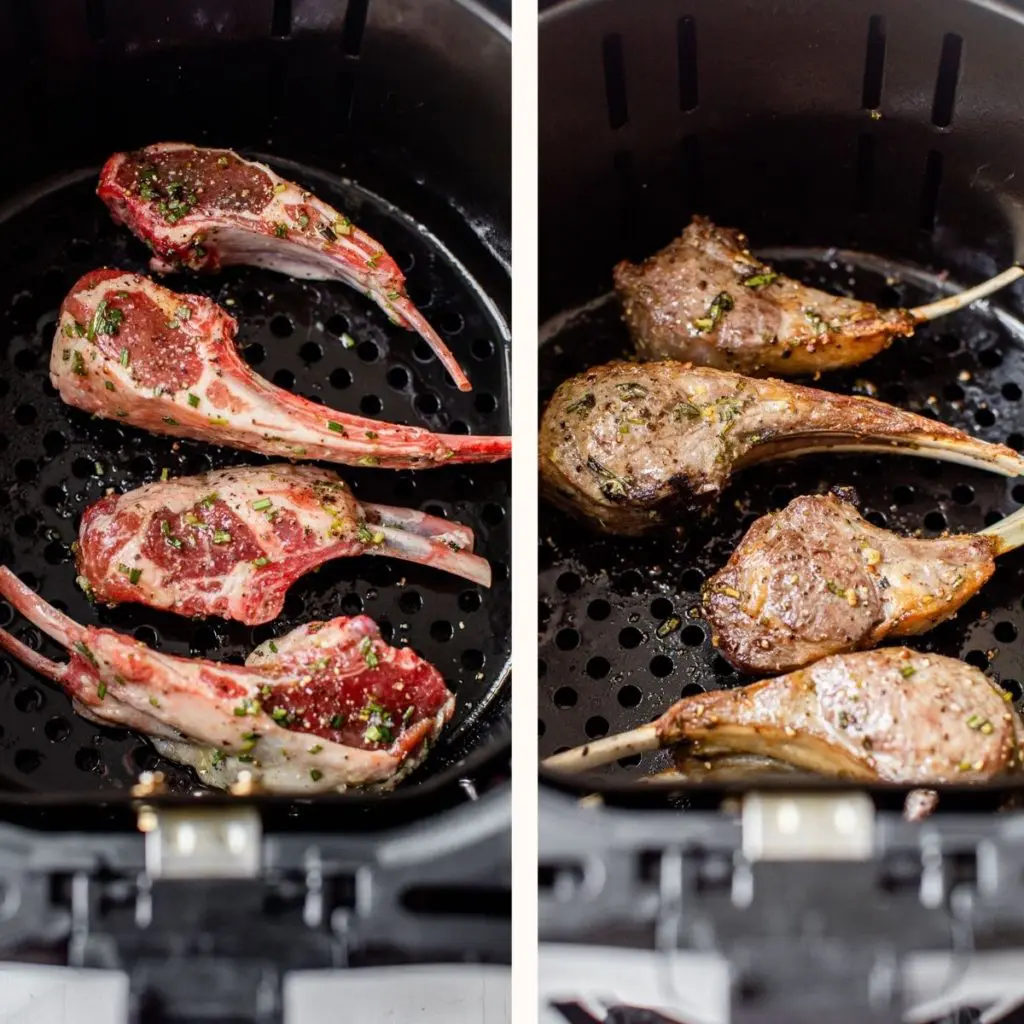 raw and cooked lamb chops in an air fryer