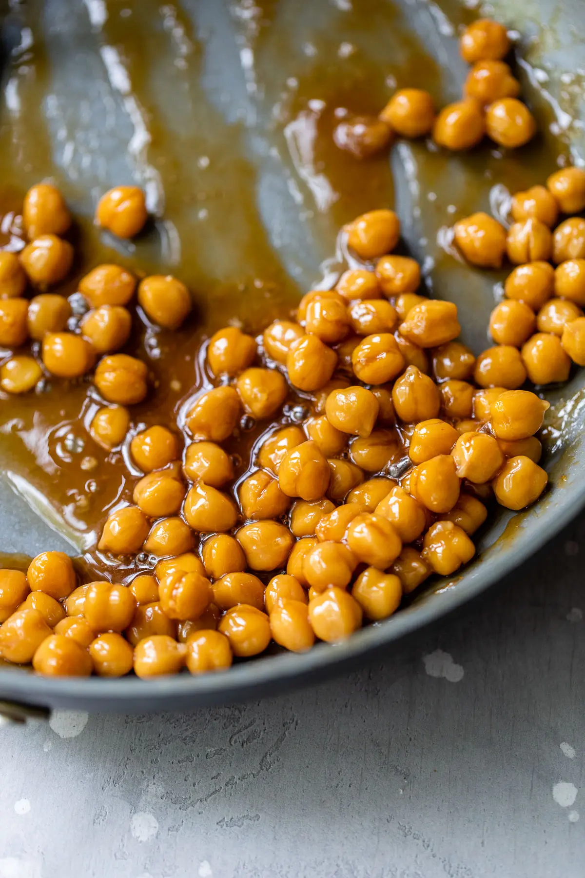 marinated chickpeas in a skillet