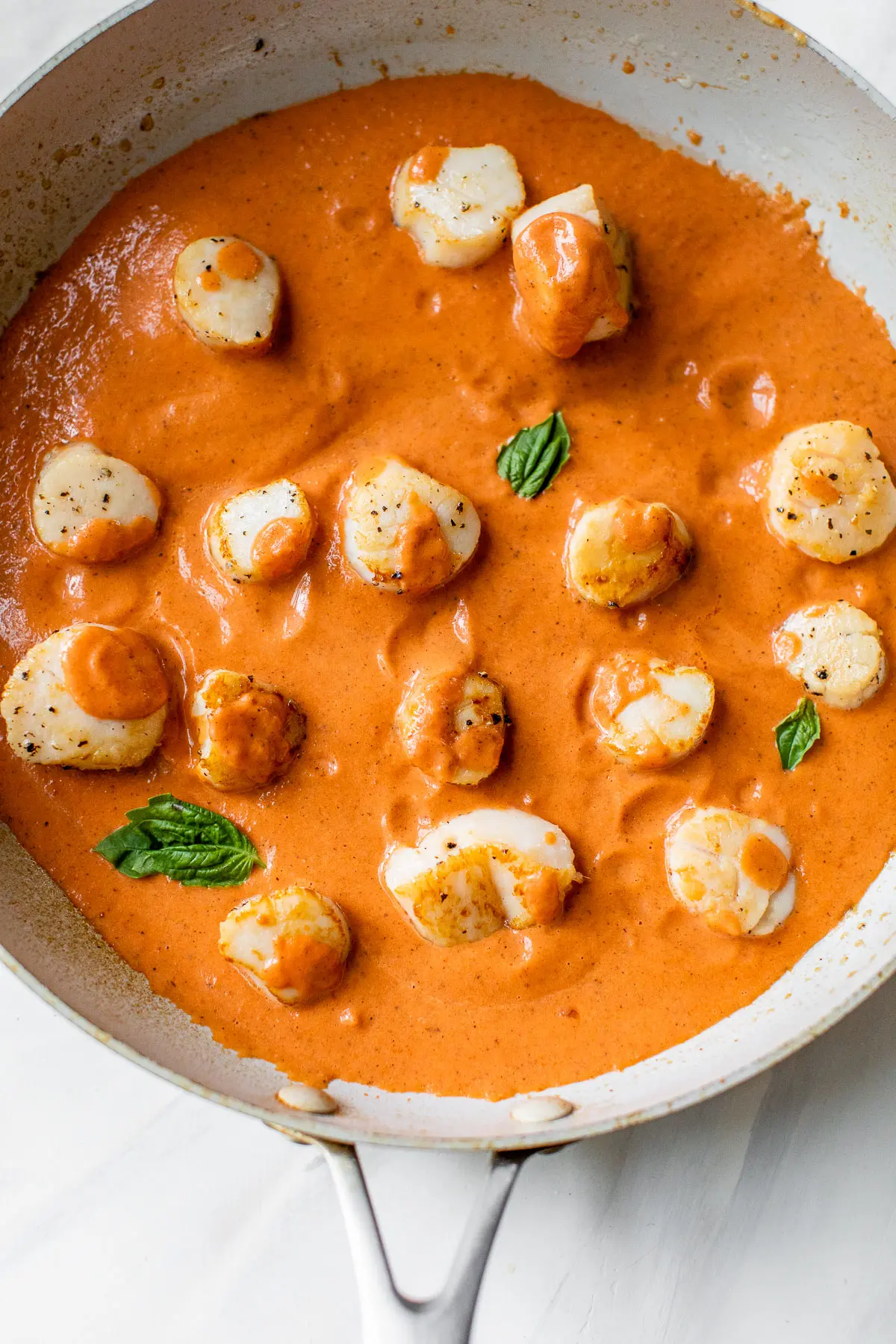 seared scallops in a large skillet with tomato sauce