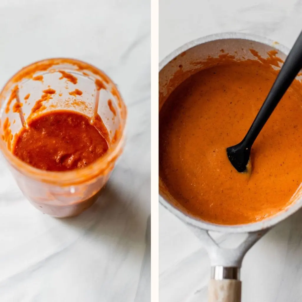 blended tomato sauce in a blender and in a saucepan