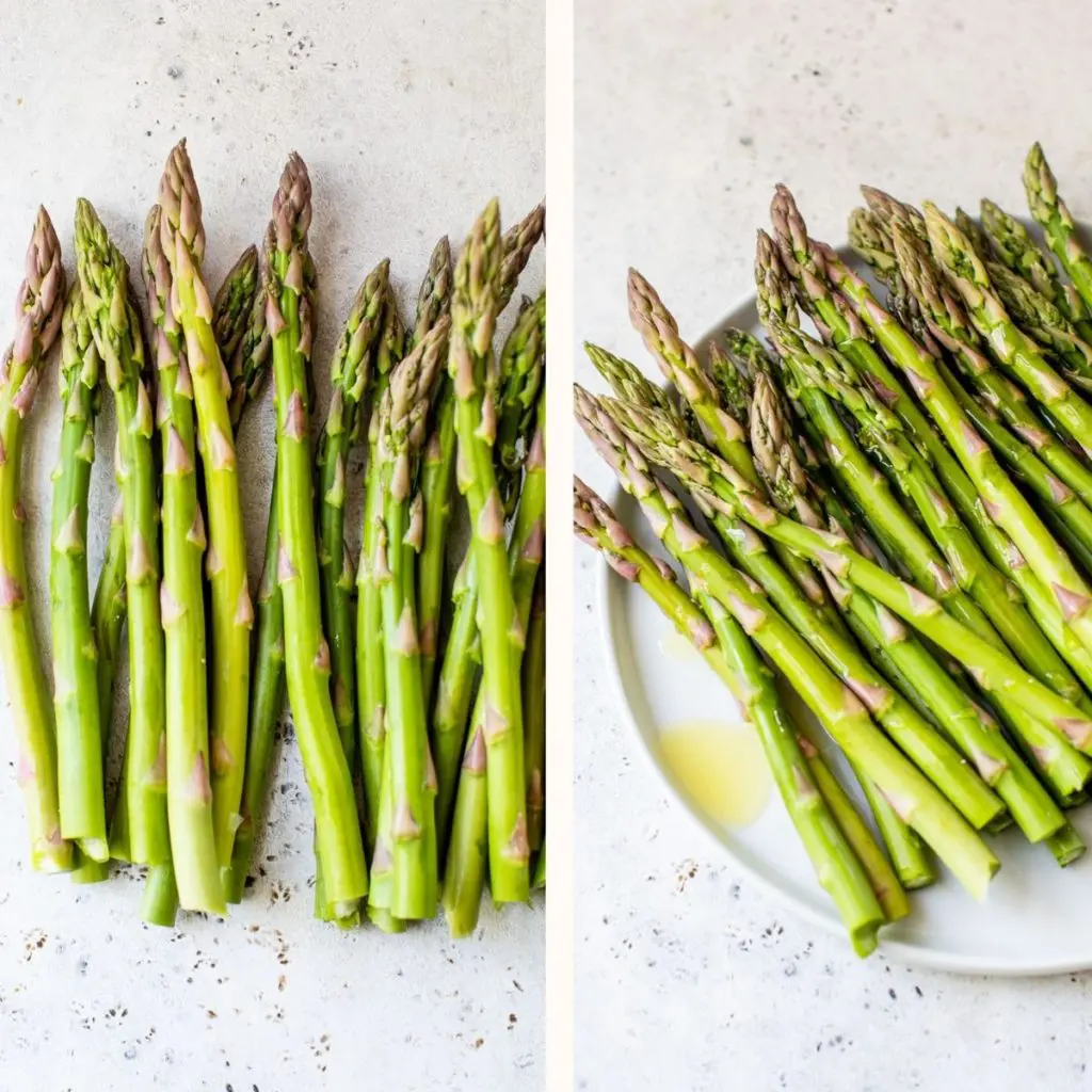 raw asparagus on a plate drizzled with olive oil