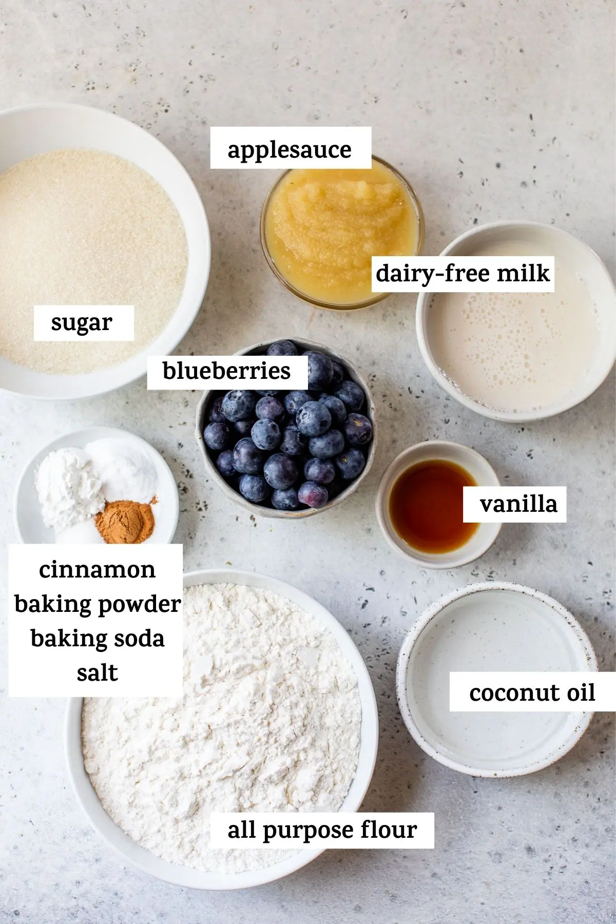 ingredients to make muffins with text overlay