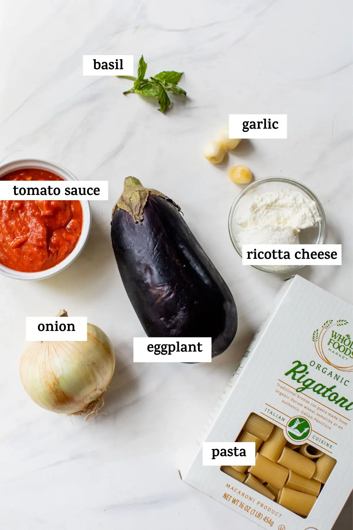 ingredients to make pasta with text overlay
