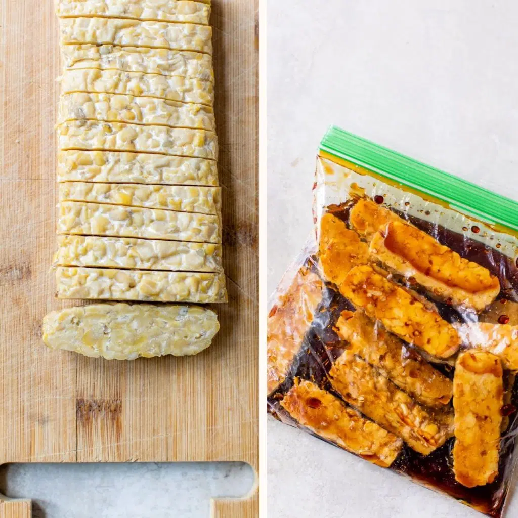 sliced plain tempeh on a cutting board and tempeh marinating in a plastic bag