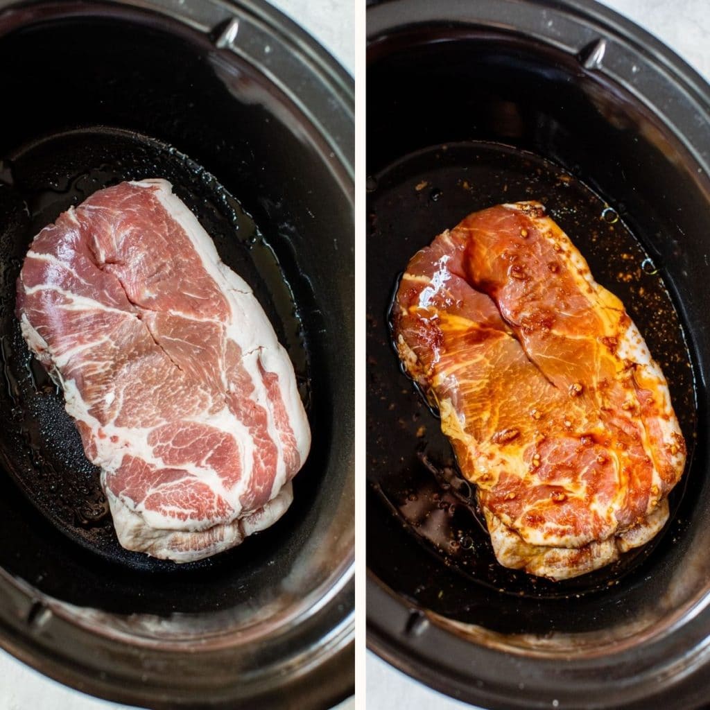 raw pork shoulder in a slow cooker