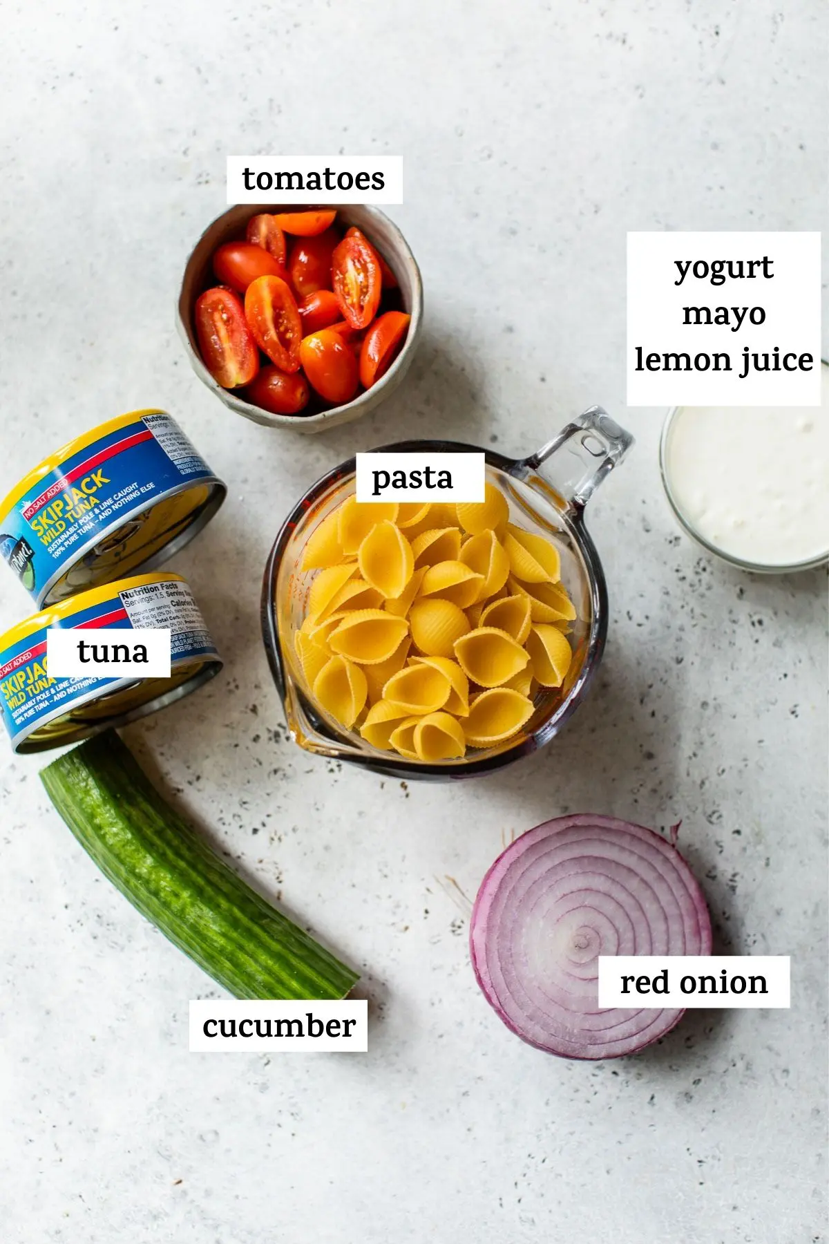 pasta salad ingredients with text overlay