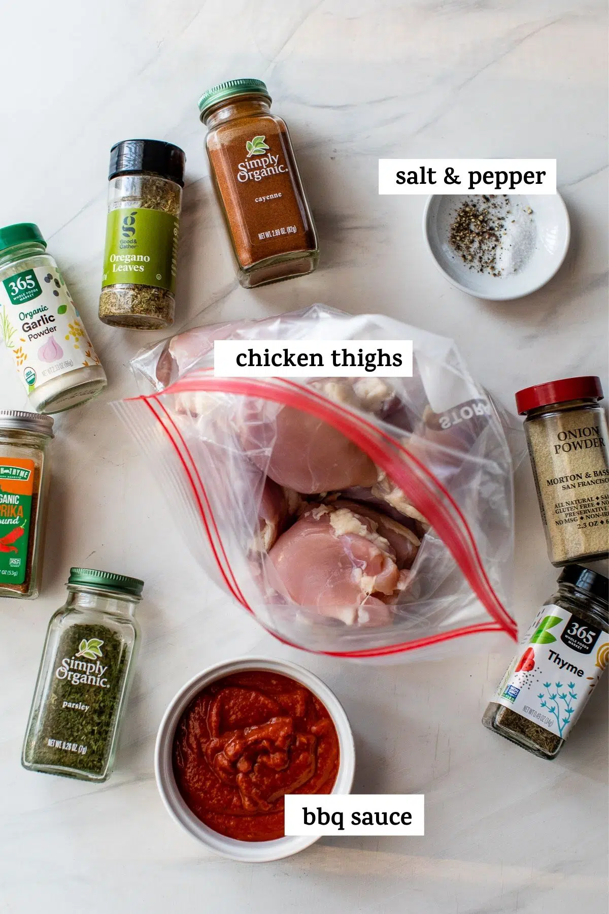 raw chicken in a plastic bag beside several different spices
