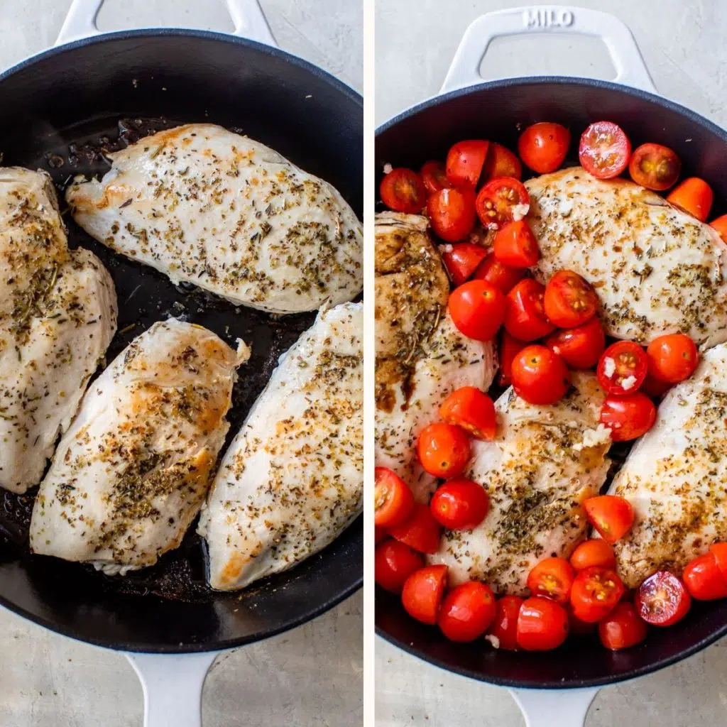 pan-seared chicken breasts in a cast iron skillet