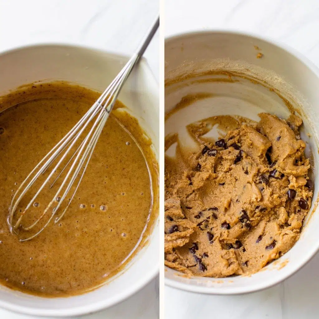 cookie dough with chocolate chips in a large white mixing bowl