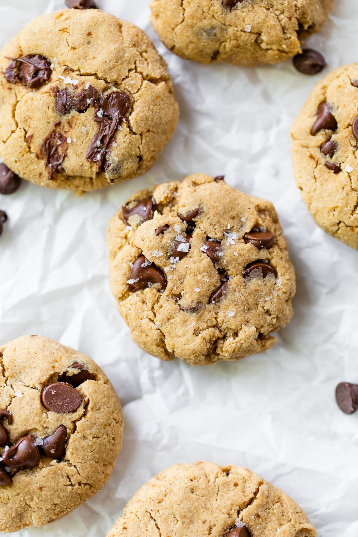 several cookies with chocolate chips on parchment paper