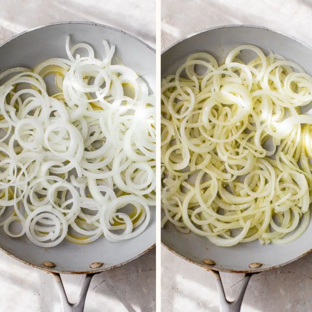 long strips of raw onion in a skillet