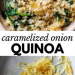 bowl of quinoa and caramelized onions in a skillet