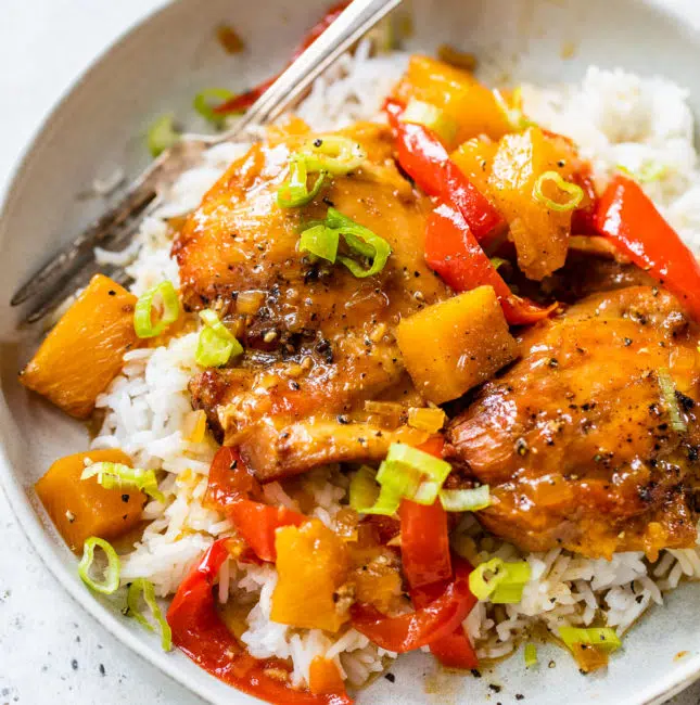 hawaiian chicken in a bowl over white rice