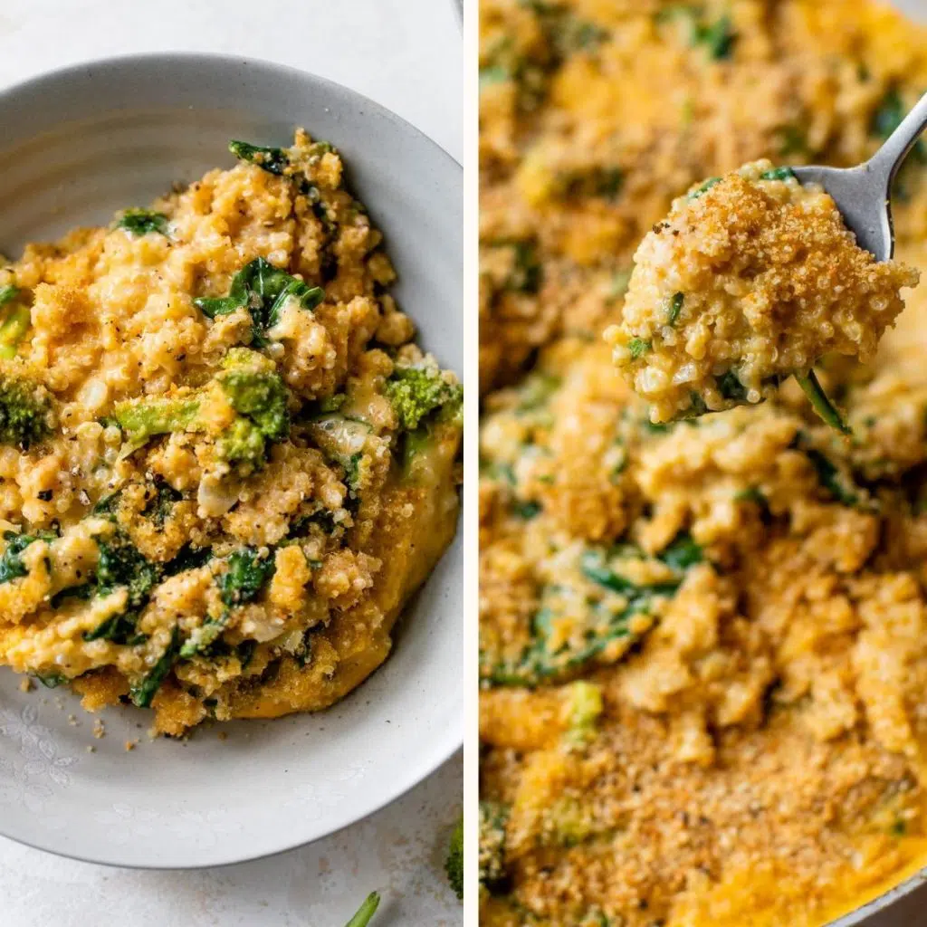 cheesy quinoa in a bowl and on a spoon with breadcrumbs