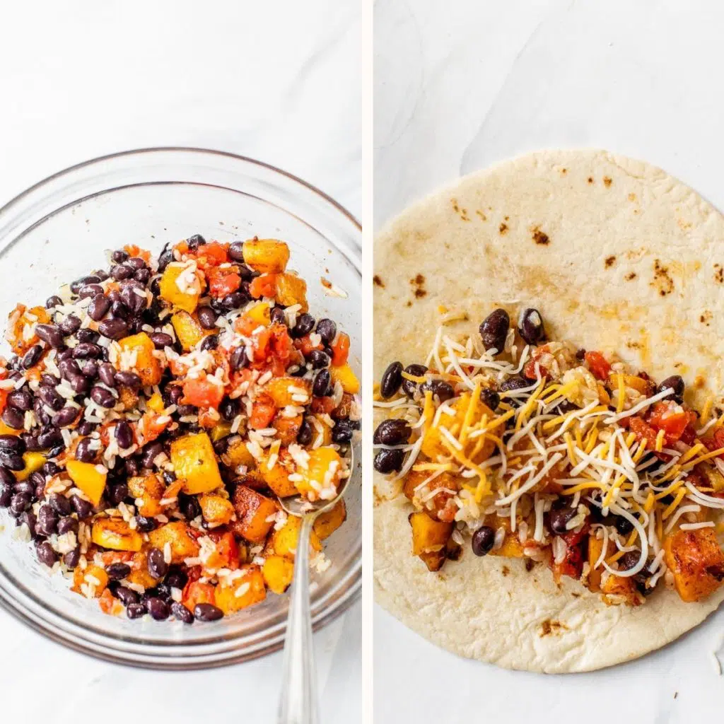 butternut squash, black beans and diced tomatoes in a bowl and in a tortilla