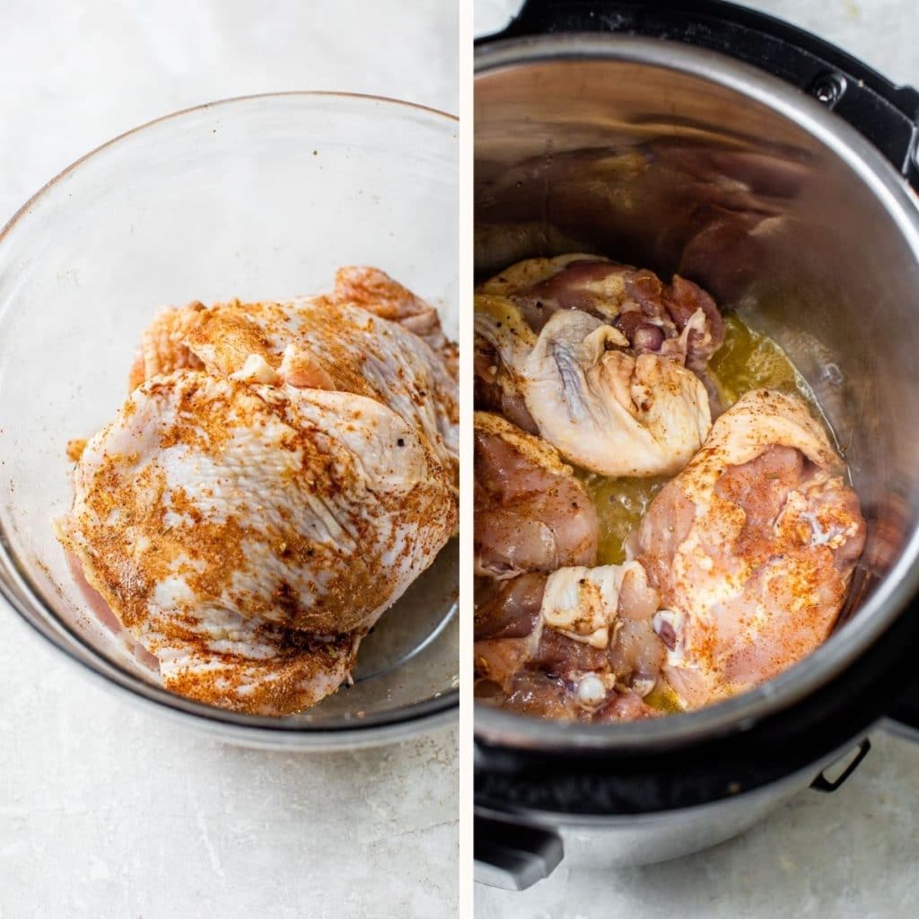 chicken coated in seasoning and chicken pan-searing in the instant pot