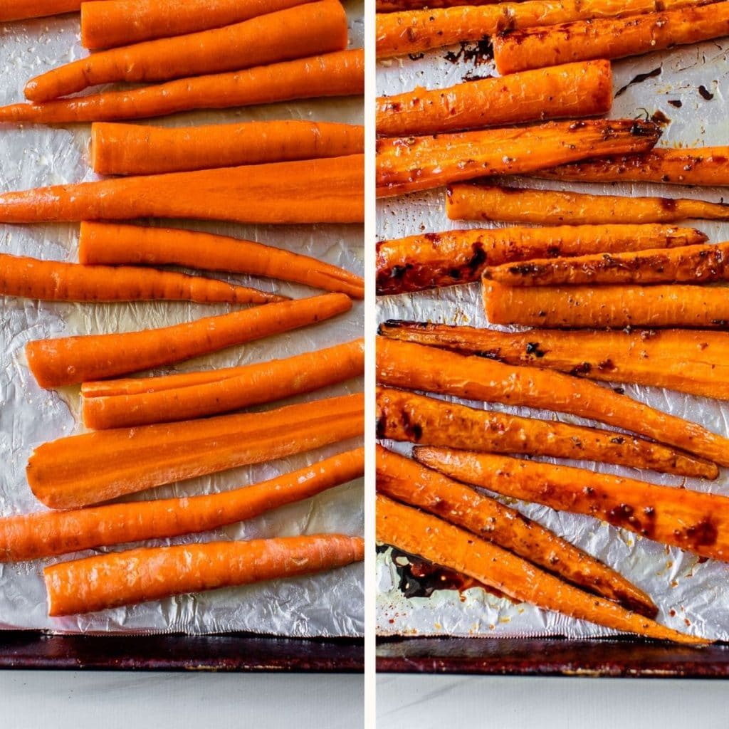 roasted carrots on a foil-lined baking sheet