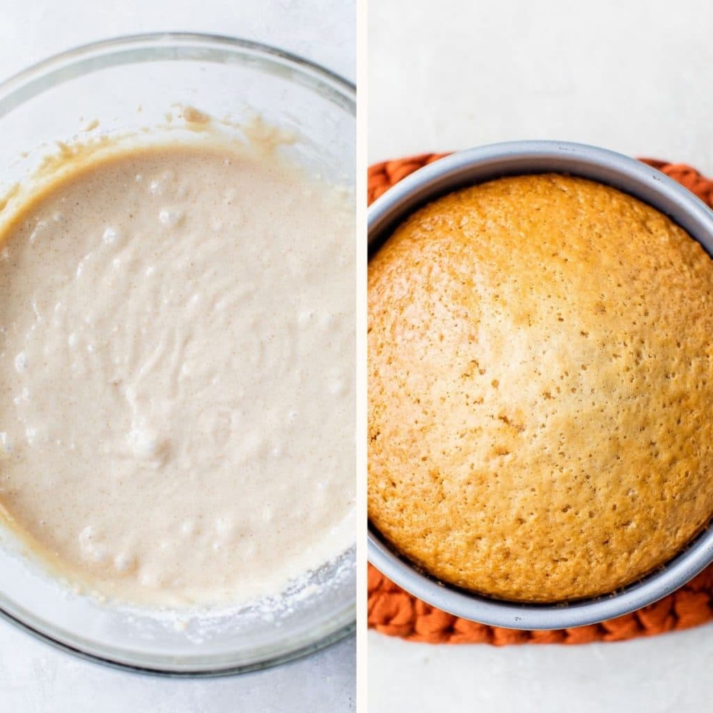 cake batter in a bowl and a baked cake in a round cake pan