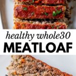 cooked meatloaf on a platter and on a plate with text overlay