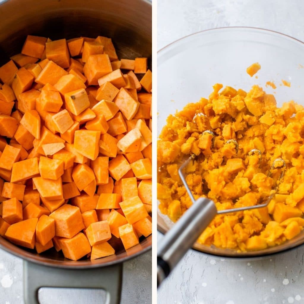 diced sweet potatoes in a pot and mashed sweet potatoes in a bowl