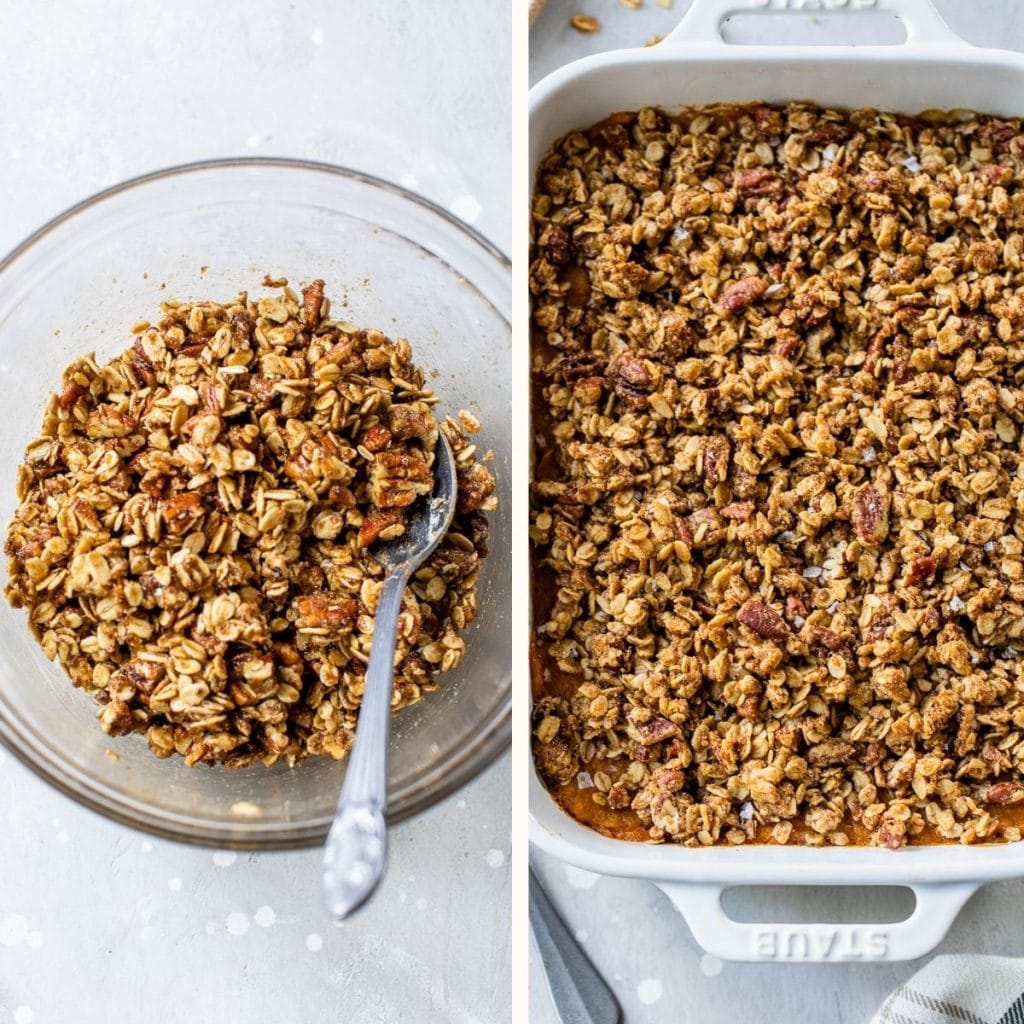 oats and pecans in a small glass bowl and in a casserole dish