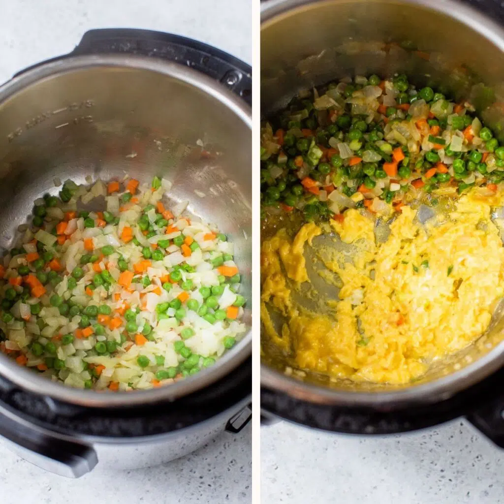cooked vegetables and scrambled eggs in the instant pot