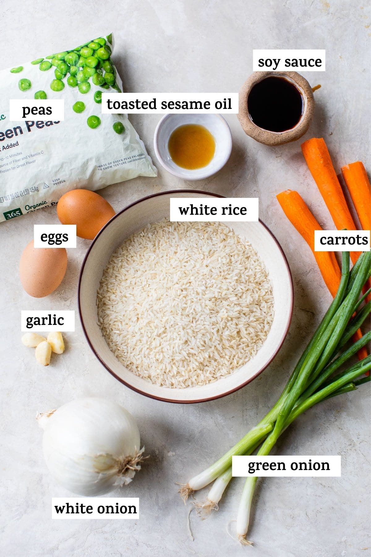 ingredients to make fried rice with text overlay