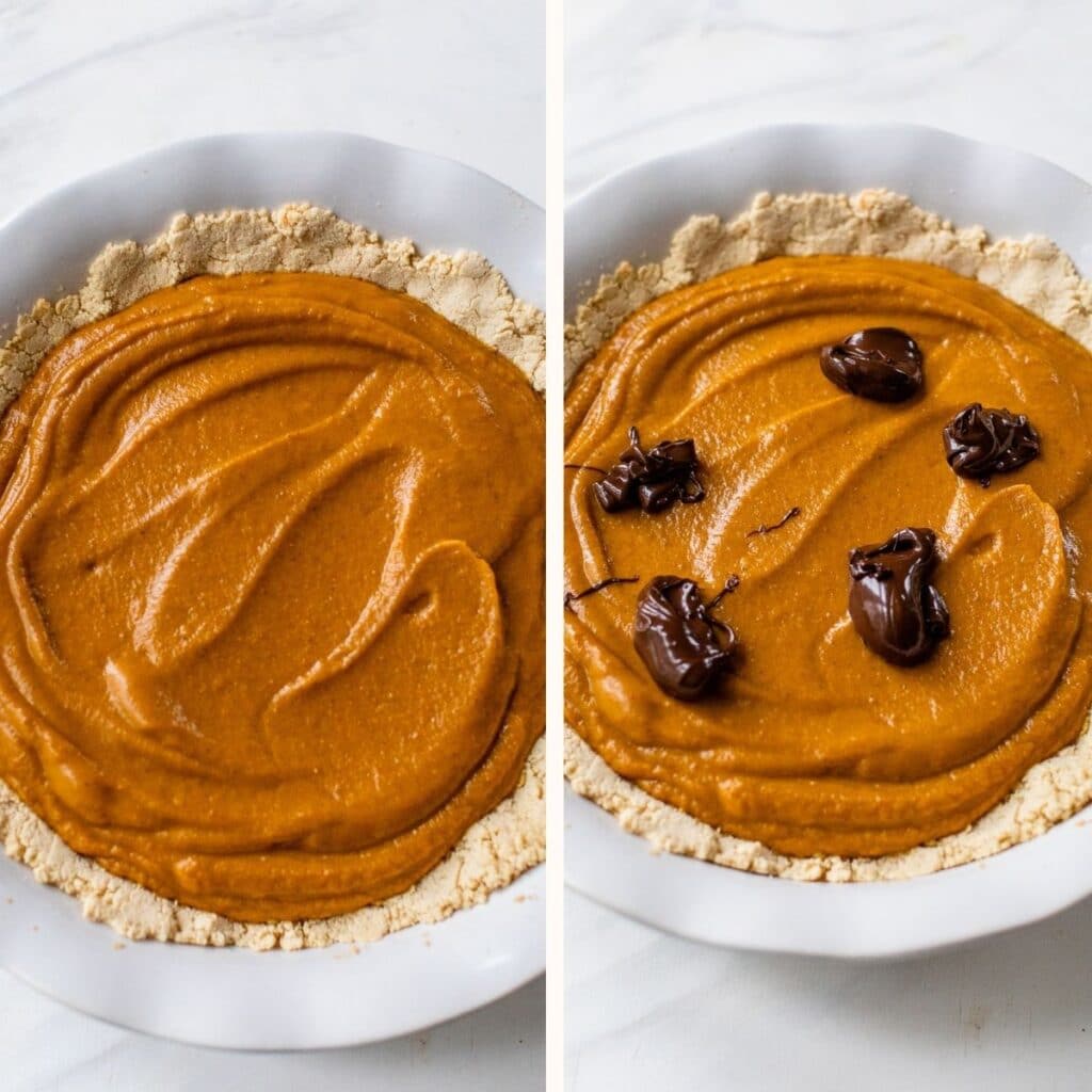 pumpkin pie with dollops of melted chocolate on top