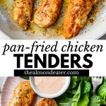 chicken tenders in a skillet and on a plate