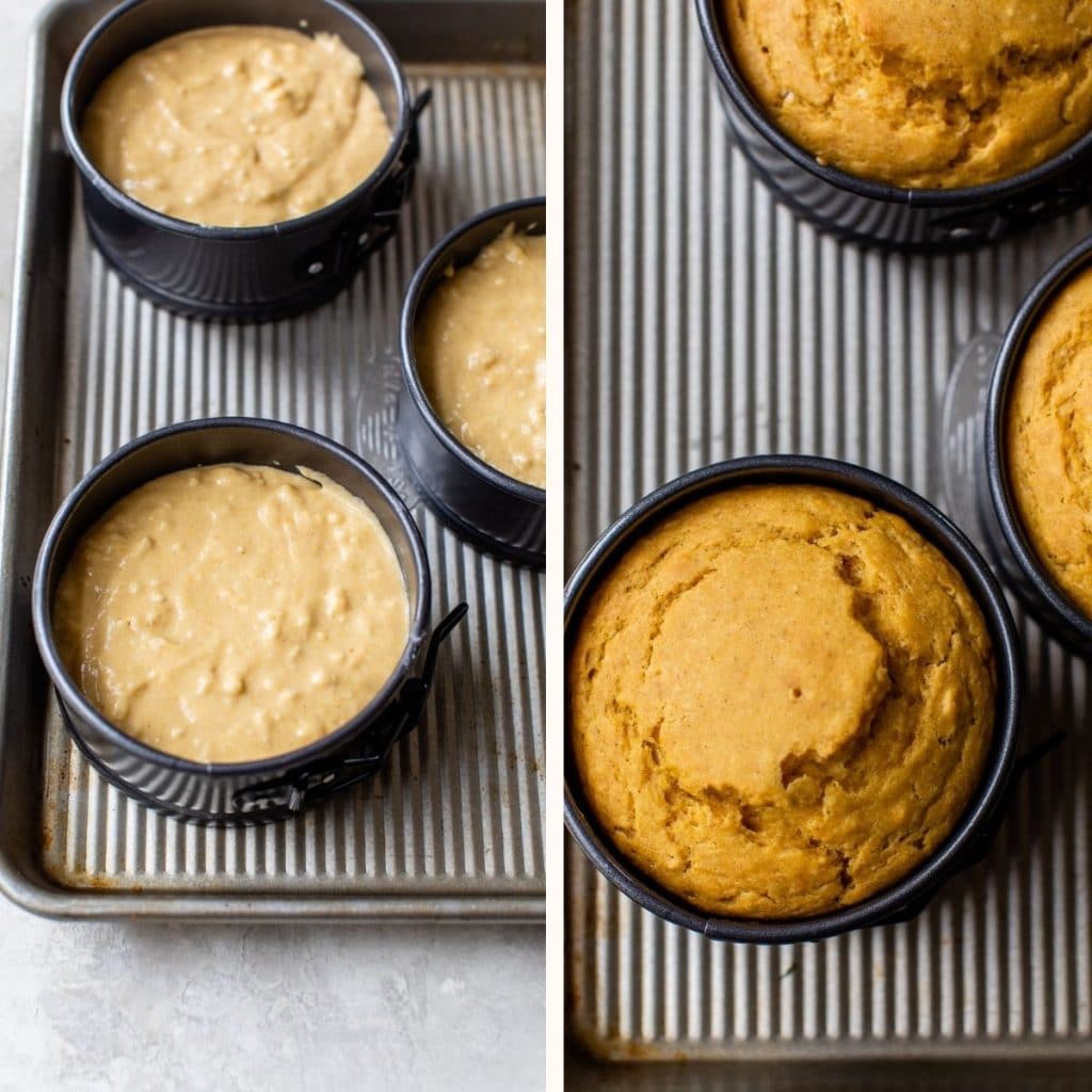 cake batter in three cake pans and baked cake in cake pans