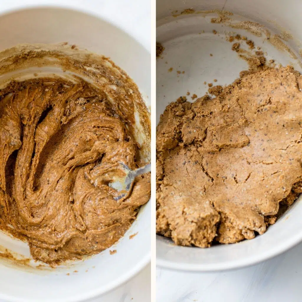 almond butter mixture in a white mixing bowl