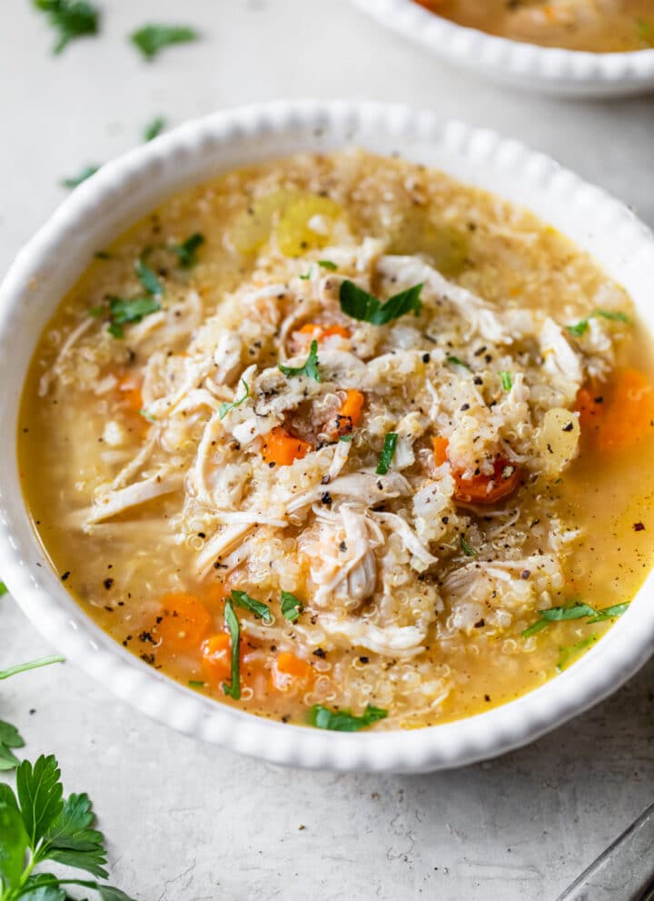 a bowl of chicken quinoa soup