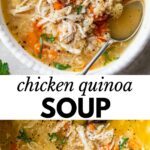 chicken soup in a bowl and in a dutch oven