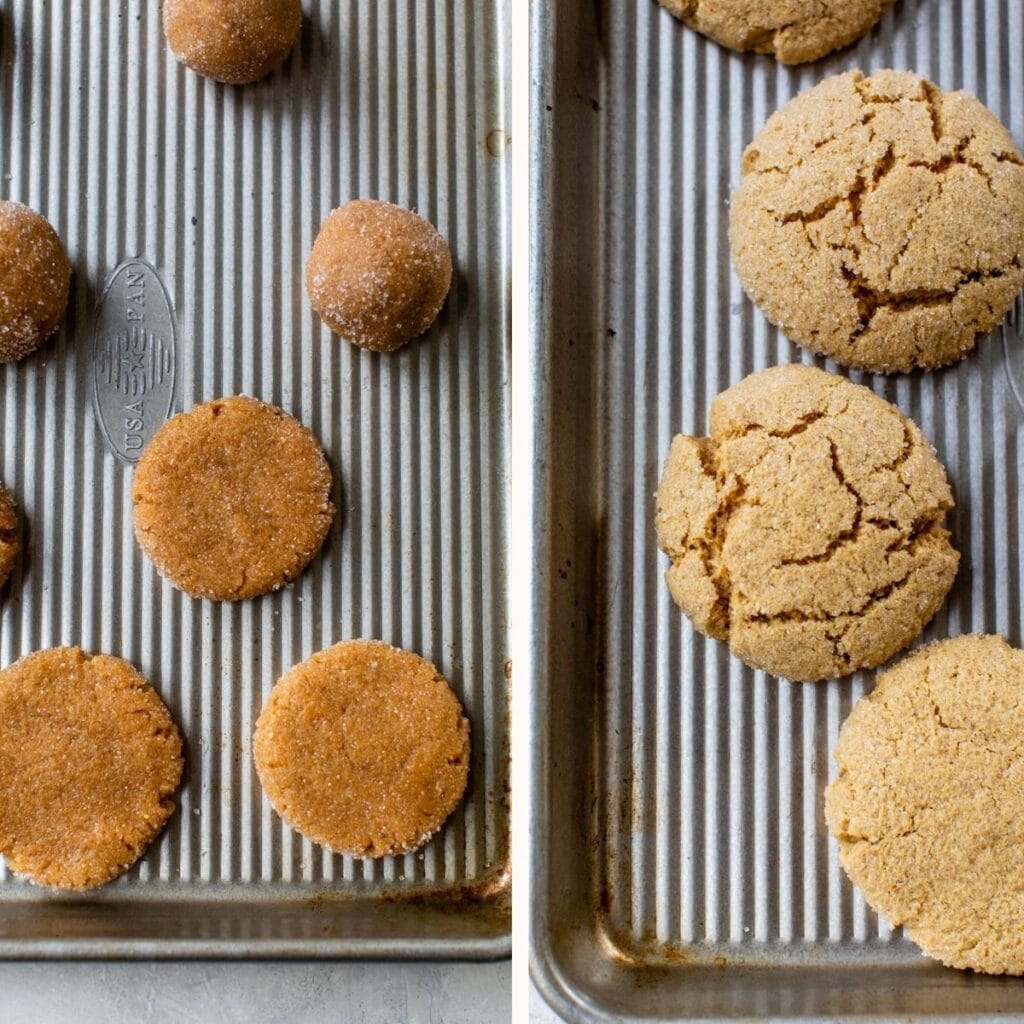 unbaked and baked peanut butter cookies on a baking sheet