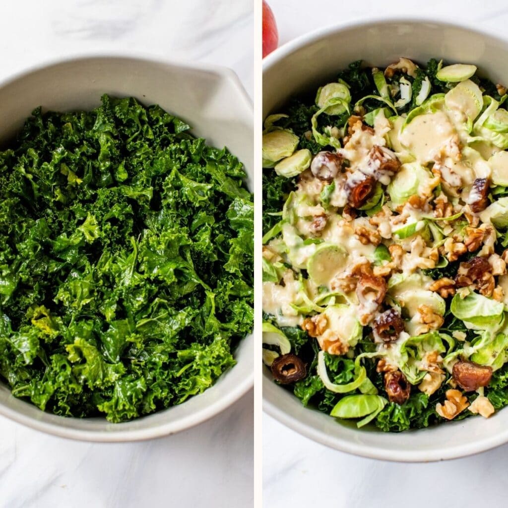 bowl of kale and a kale salad with brussels sprouts, dates and walnuts