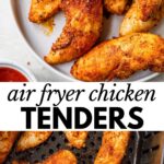 cooked chicken tenders on a place and in an air fryer