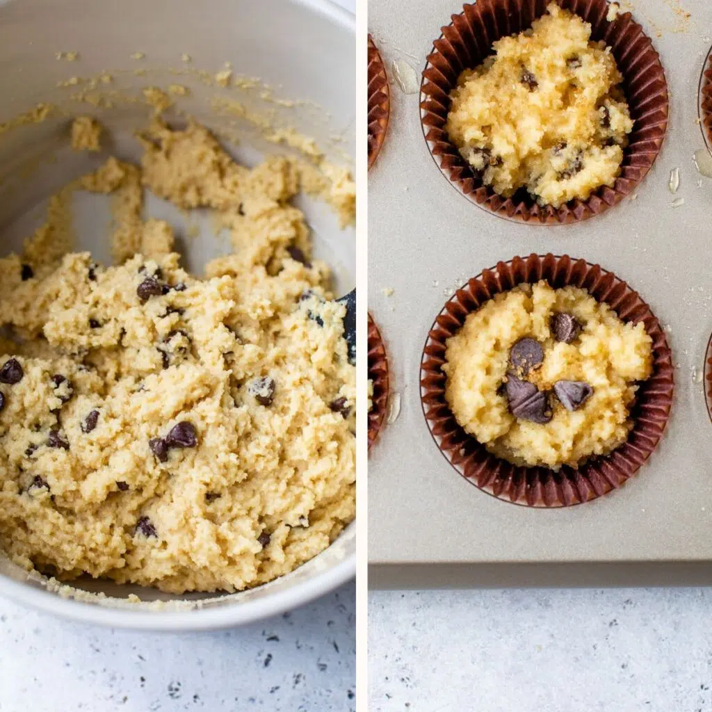 muffin batter in a bowl and in a muffin tin