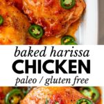 harissa chicken thighs in a baking dish with text overlay