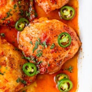 baked chicken thighs in a baking dish