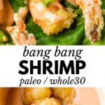 shrimp covered in bang bang sauce with text overlay